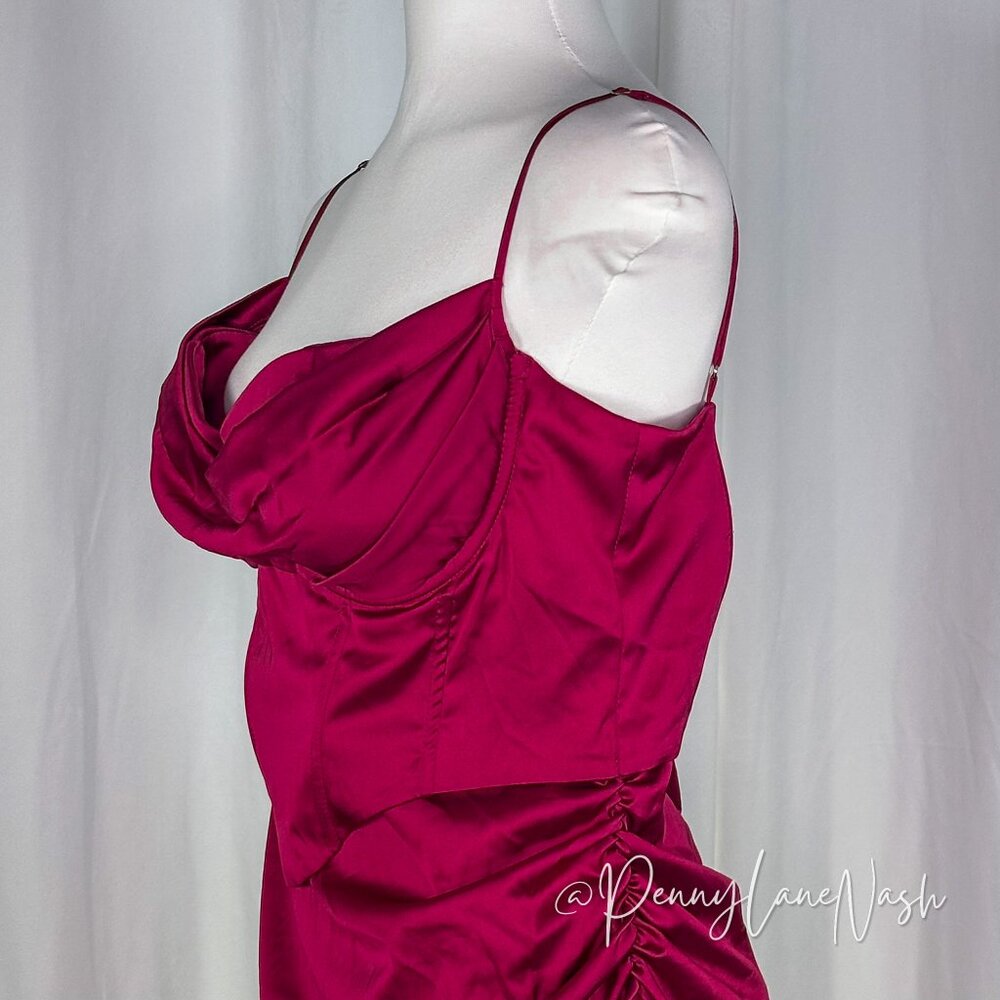 Oh Polly Draped Neck Asymmetric Corset Midi Dress in Wine - Picture 7 of 14